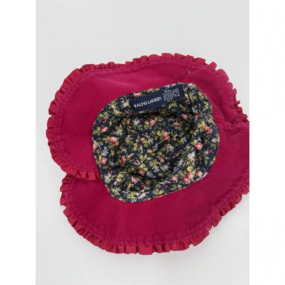Ralph Lauren Pink Frill-Trim Hat Corduroy-Bow‎ Detail-RL Initials-Floral Lining